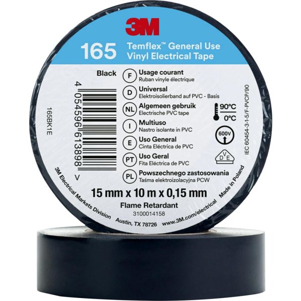 3M Temflex 165 Vinyl-Isolierband Schwarz 15mm x 10 m